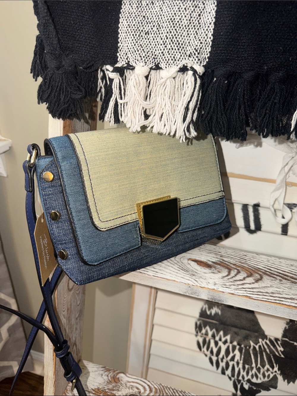 Two-Tone Denim Crossbody Bag in Light Blue and Navy